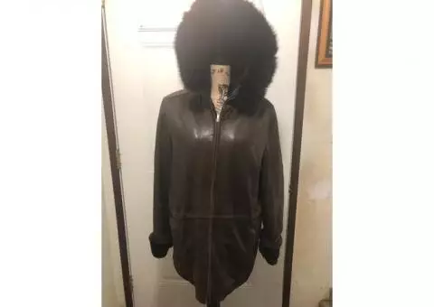 Leather Hooded Coat with Norwegian Fox Trim
